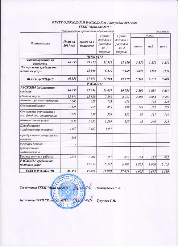 Отчет о доходах и расходах за 1 полугодие  2017г