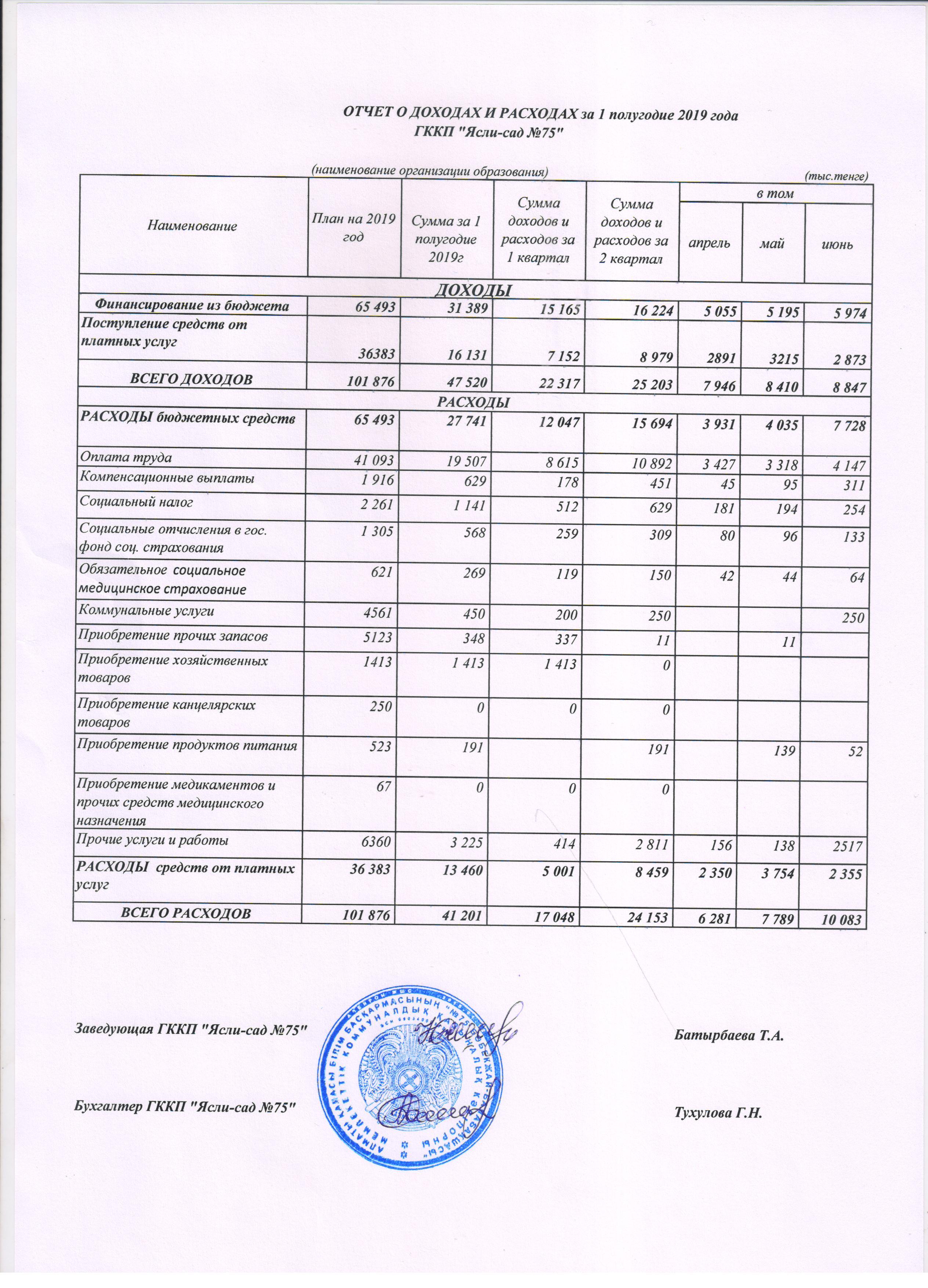 Отчет о доходах и расходах за 1 полугодие 2019г.